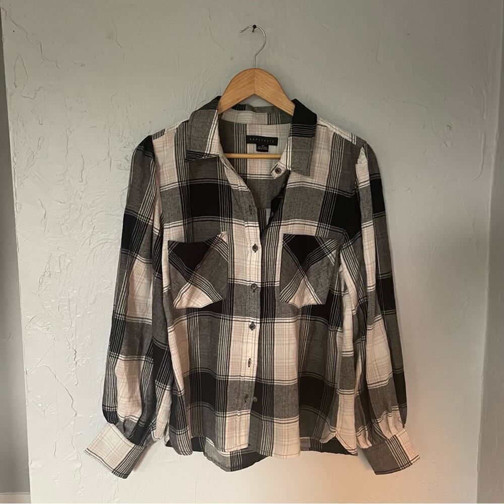Sanctuary Anthropologie Black and White Plaid Balloon Sleeve Button Down Shirt